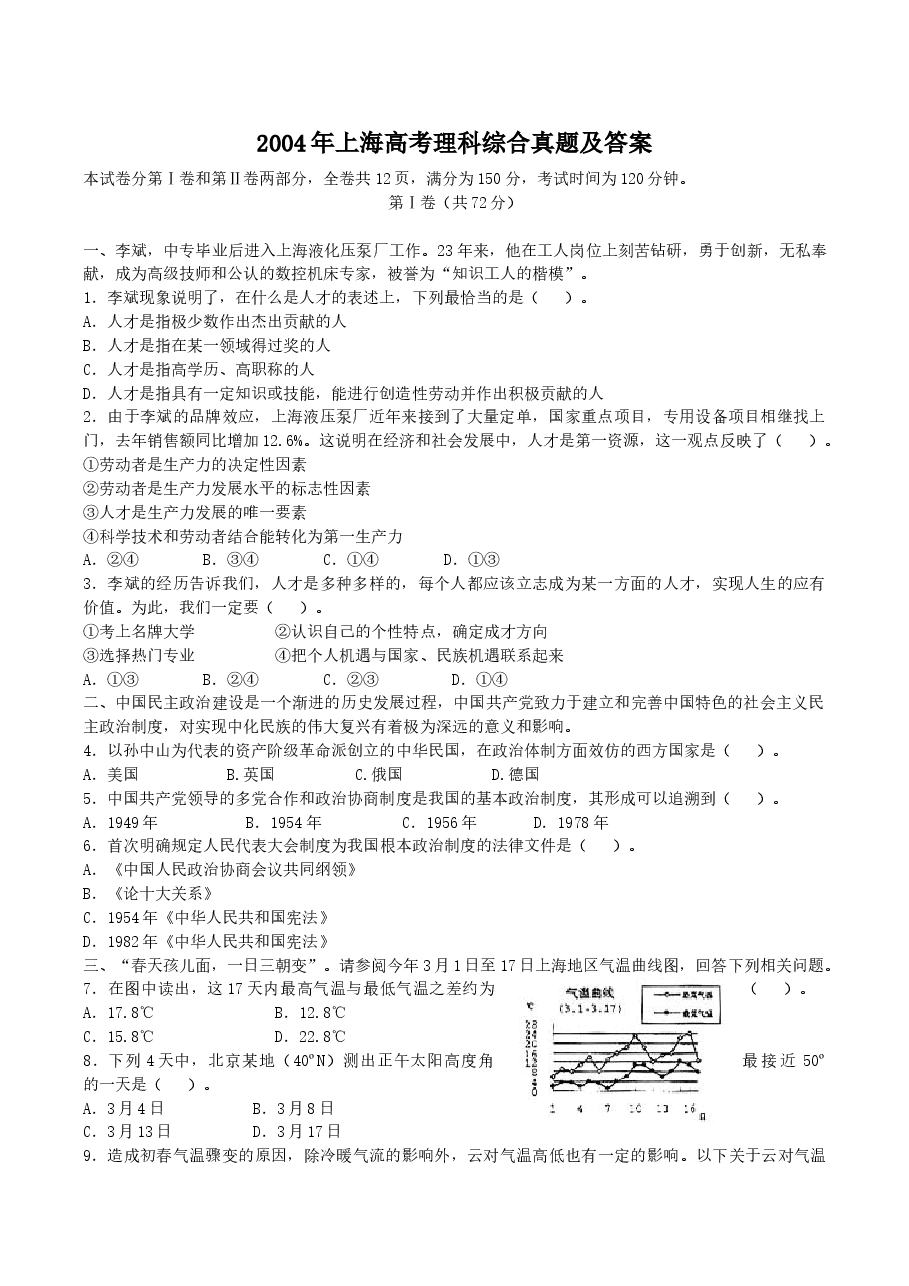 2004年上海高考理科综合真题及答案.doc，第1页预览