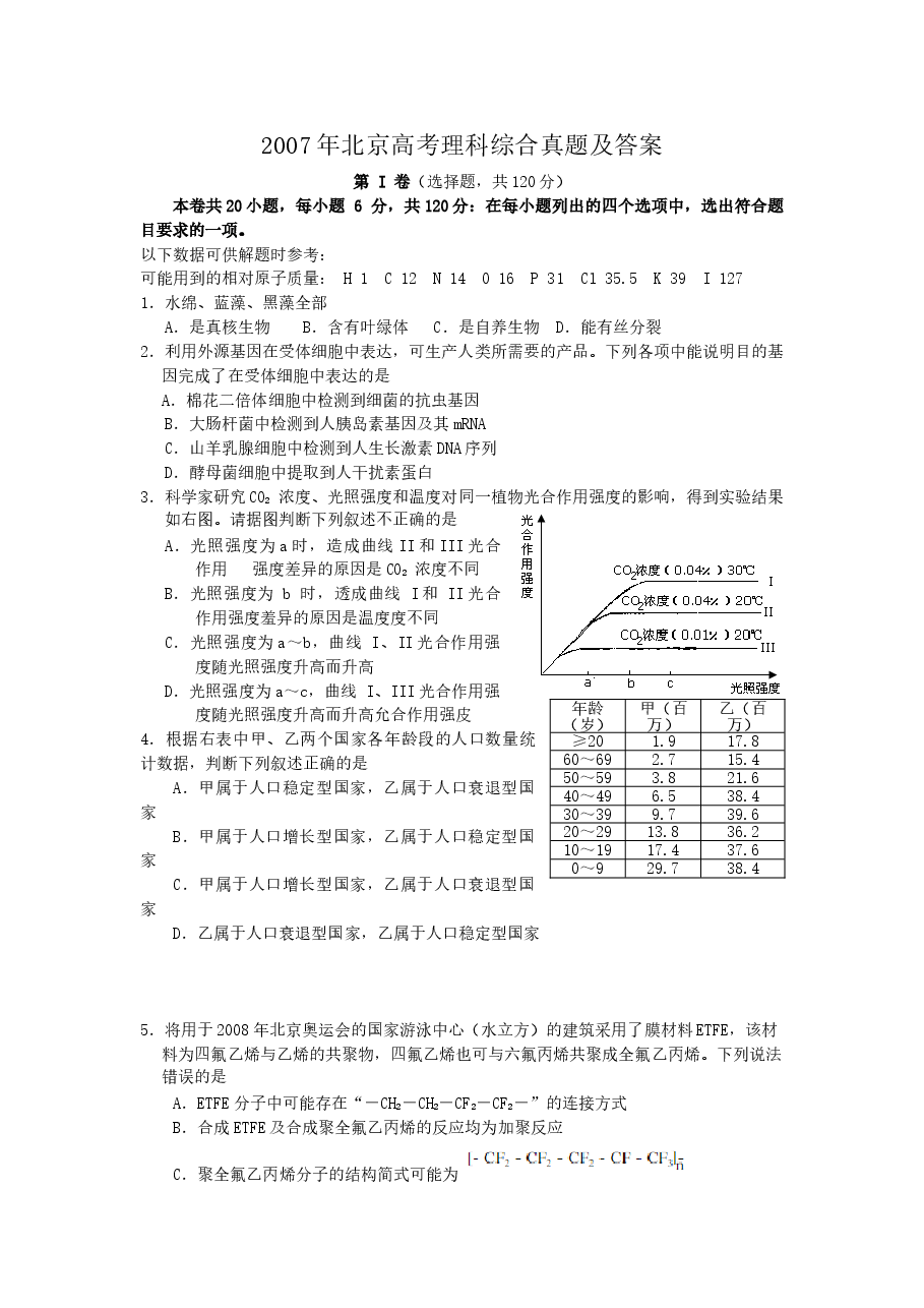 2007年北京高考理科综合真题及答案.doc,第1页预览