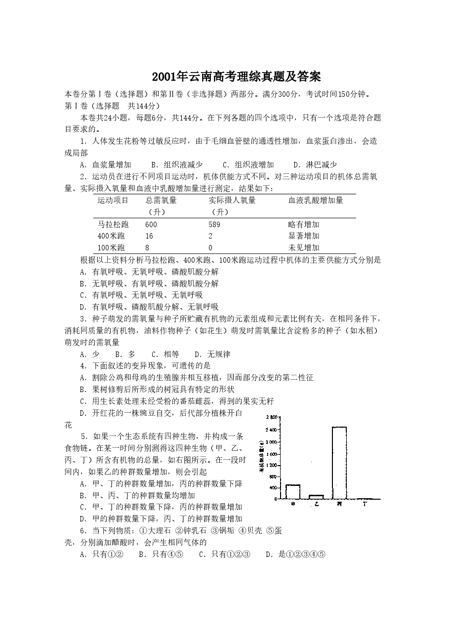 2001年云南高考理综真题及答案.doc,第1页预览