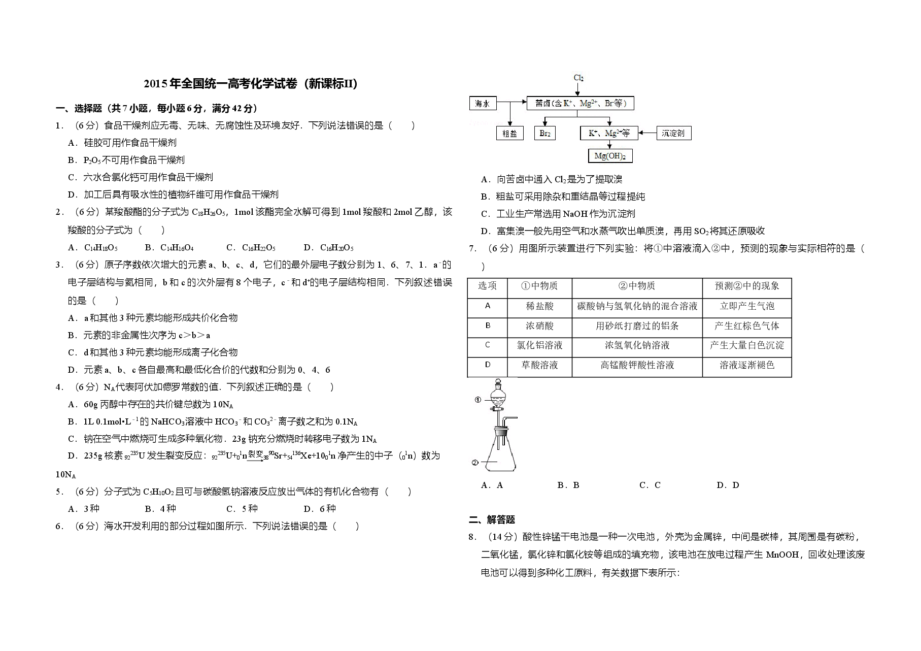 2015年全国统一高考化学试卷(新课标ⅱ)(原卷版)(1).doc,第1页预览