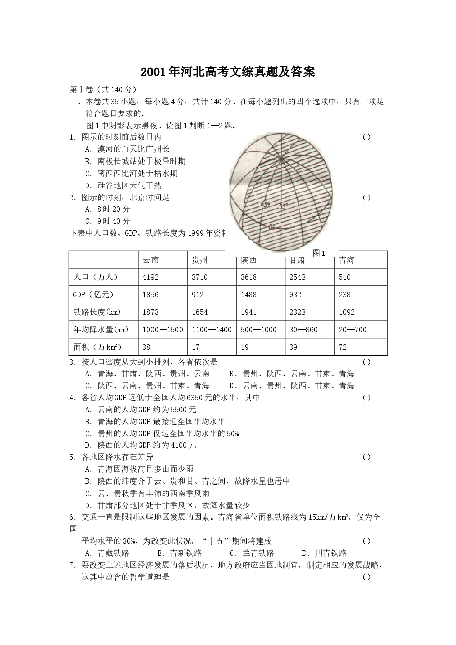 2001年河北高考文综真题及答案.doc,第1页预览