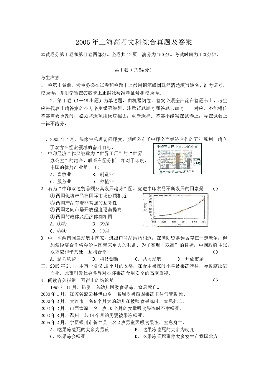 2005年上海高考文科综合真题及答案.doc,第1页预览