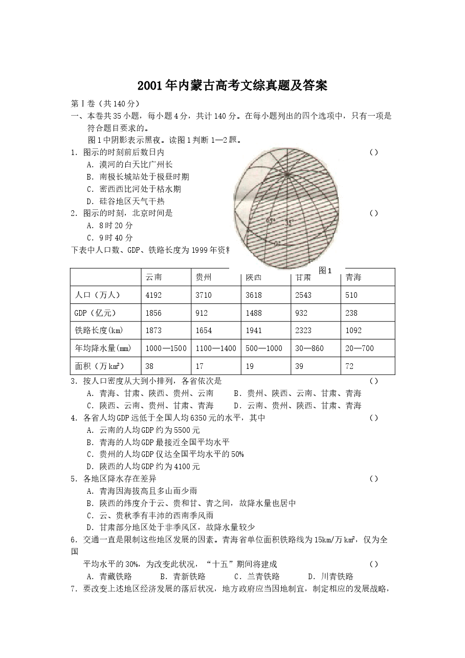 2001年内蒙古高考文综真题及答案.doc,第1页预览