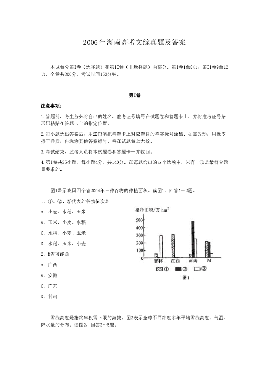2006年海南高考文综真题及答案.doc,第1页预览