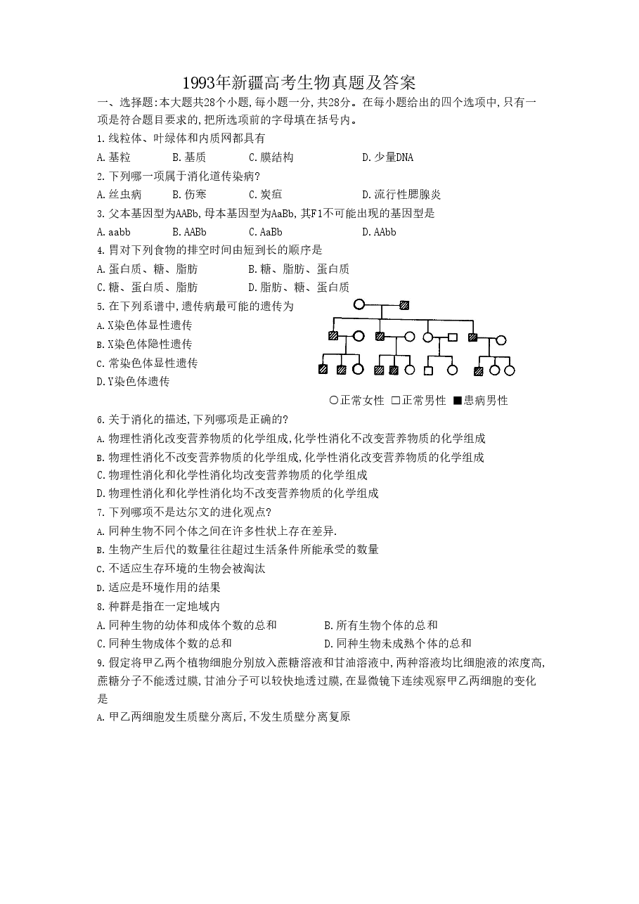 1993年新疆高考生物真题及答案.doc,第1页预览