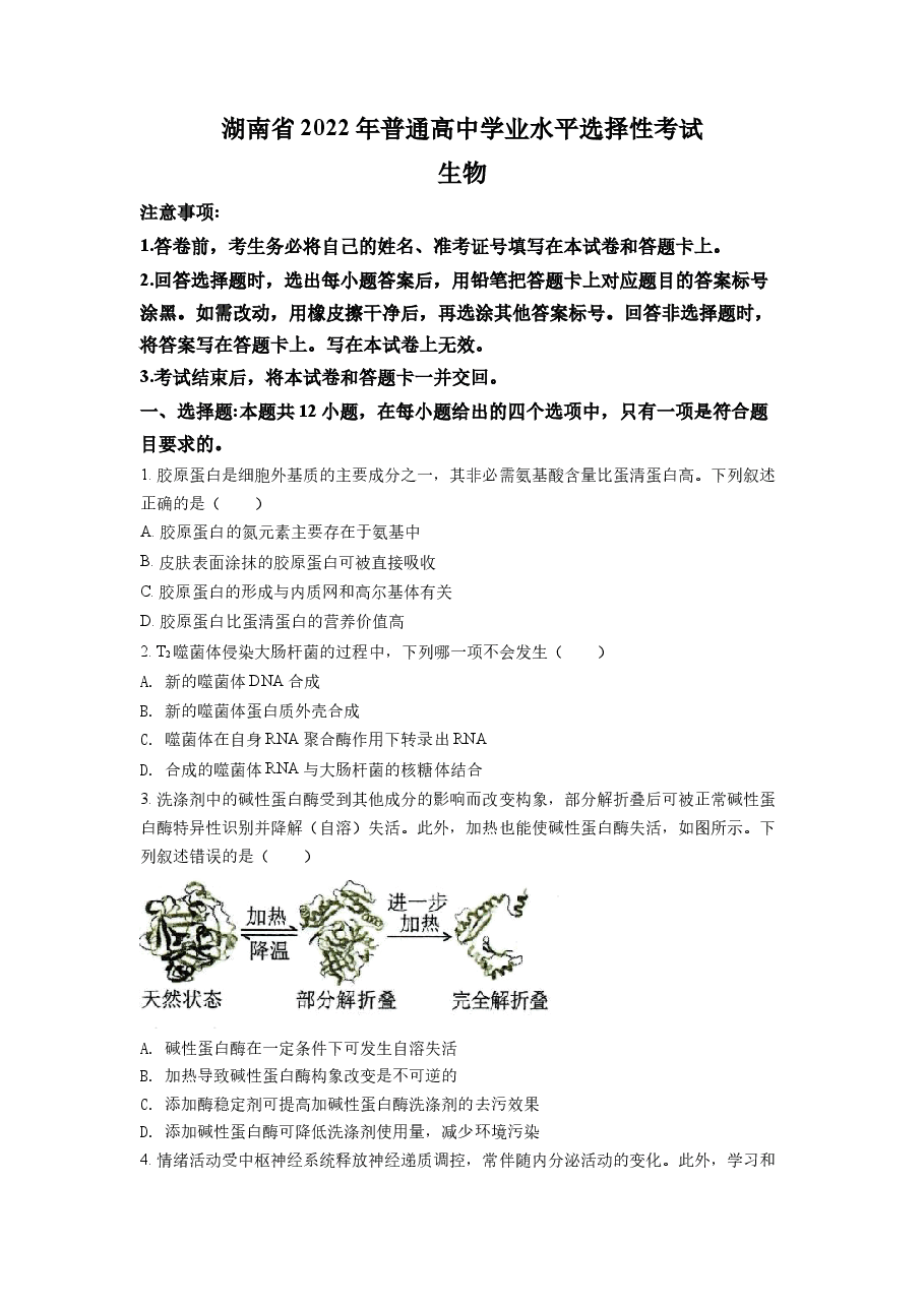 精品解析:2022年新高考湖南生物高考真题(原卷版).docx,第1页预览