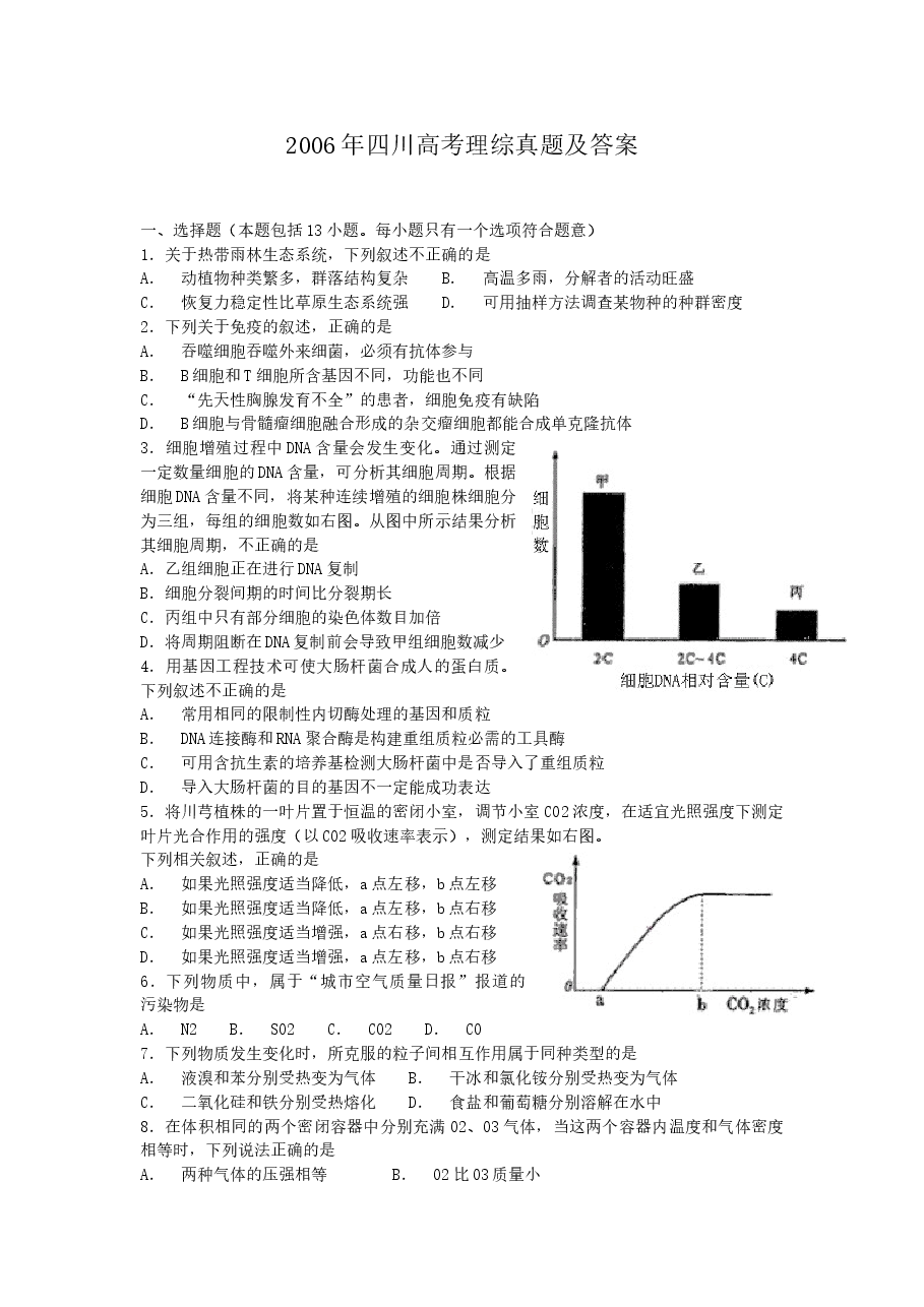 2006年四川高考理综真题及答案.doc,第1页预览