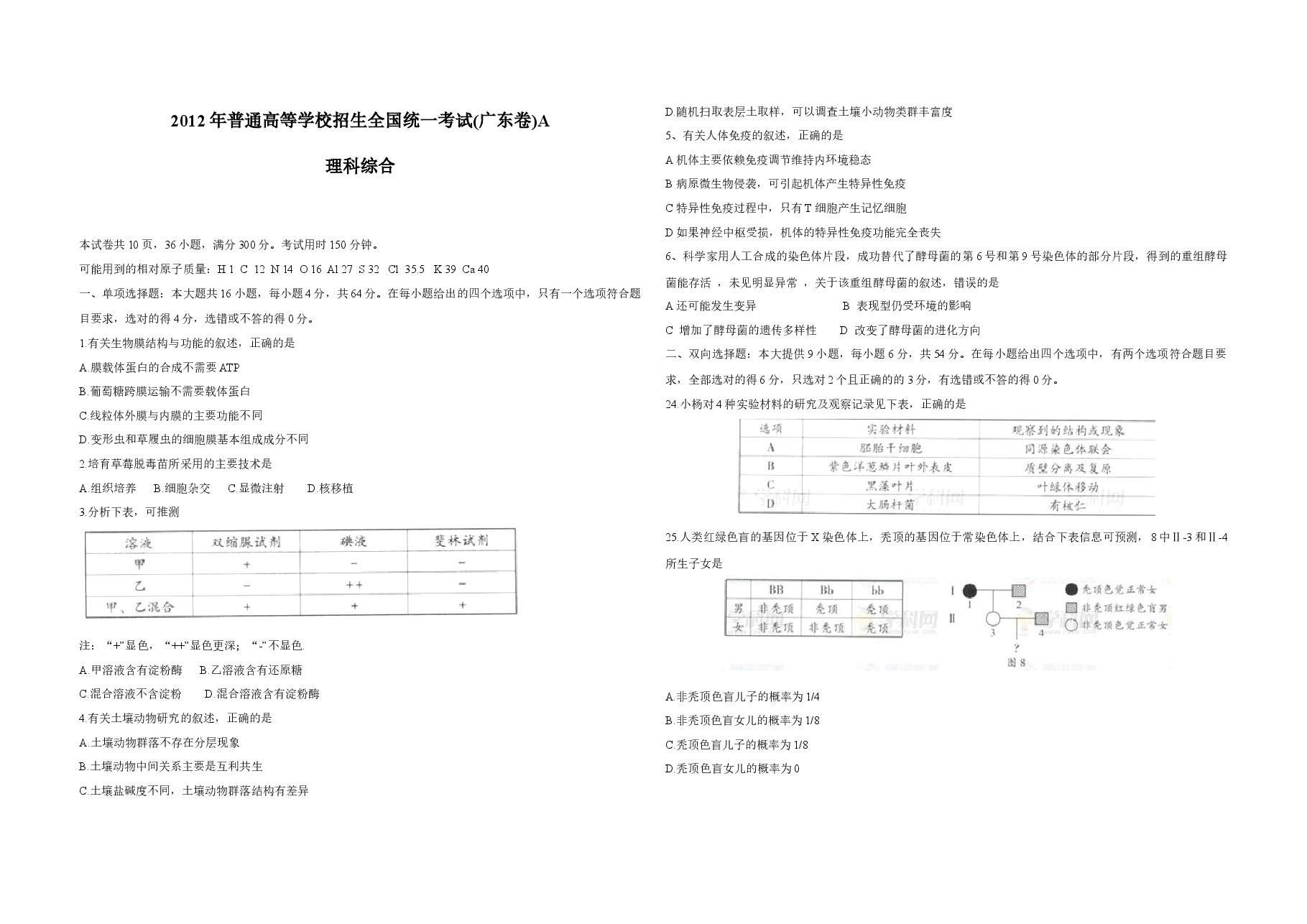 2012年广东高考生物(原卷版).docx,第1页预览