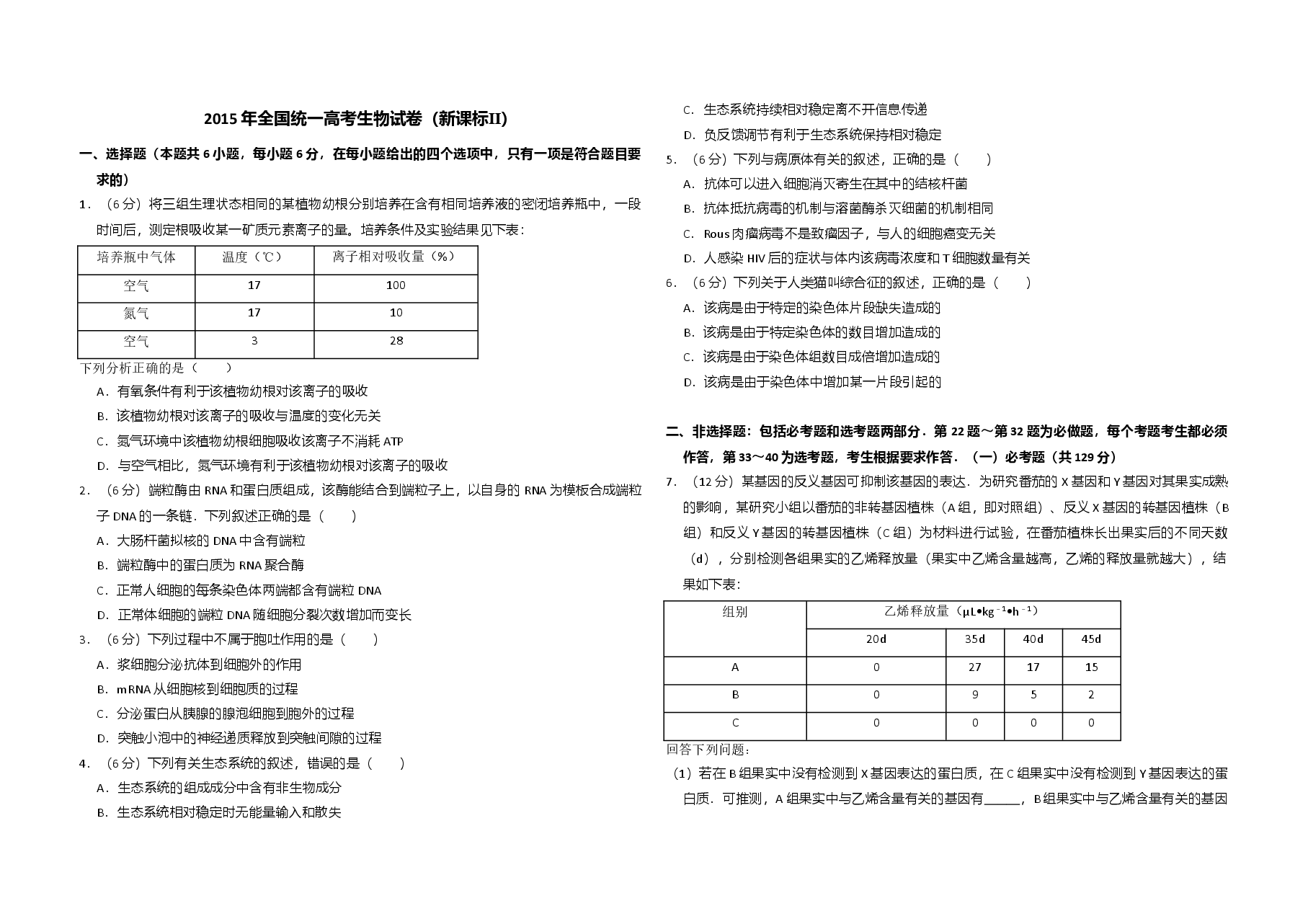 2015年全国统一高考生物试卷(新课标ⅱ)(含解析版).doc,第1页预览