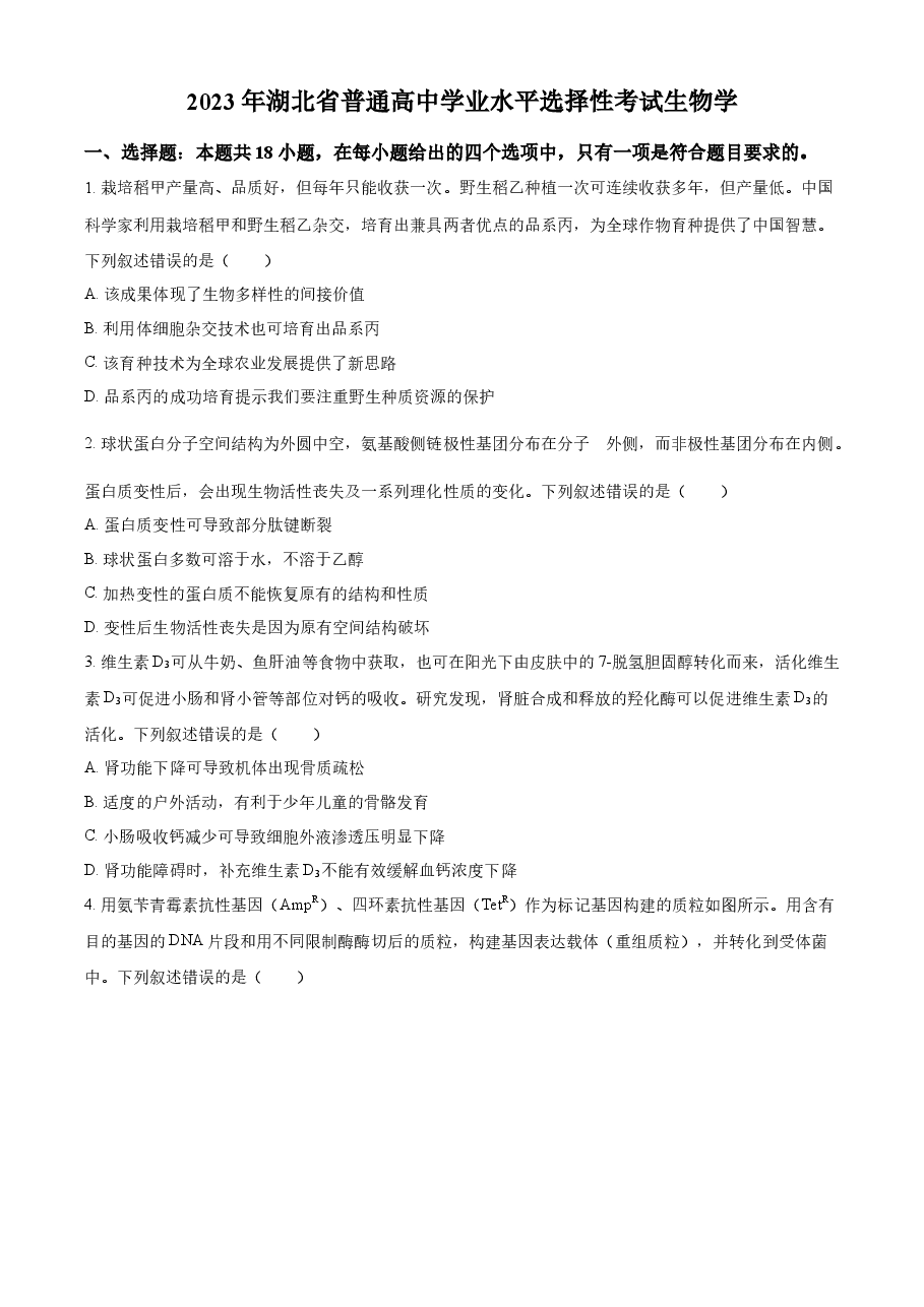 精品解析:2023年新高考湖北高考生物真题(原卷版).docx,第1页预览