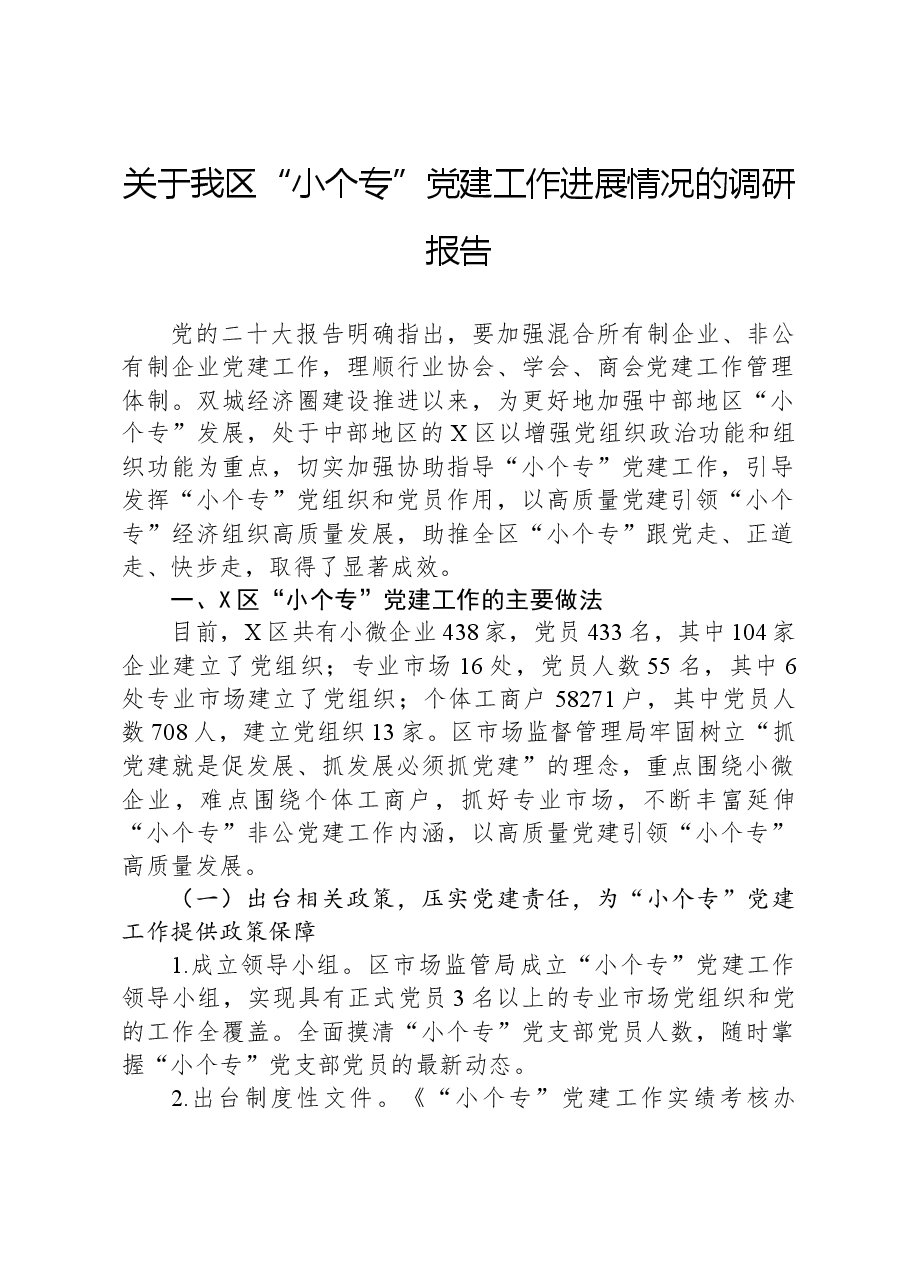关于我区“小个专”党建工作进展情况的调研报告.docx,第1页预览