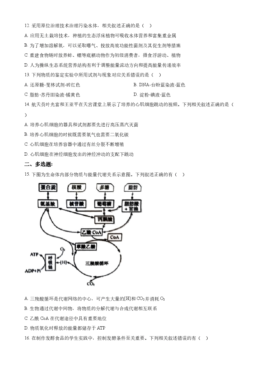 精品解析:2022年新教材江苏生物高考真题(原卷版).docx,第3页预览