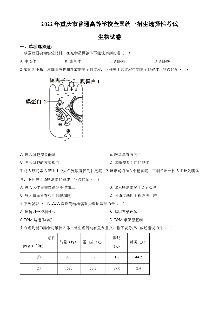 精品解析:2022年重庆市普通高等学校全国统一招生选择性考试生物试题(原卷版).docx,第1页预览