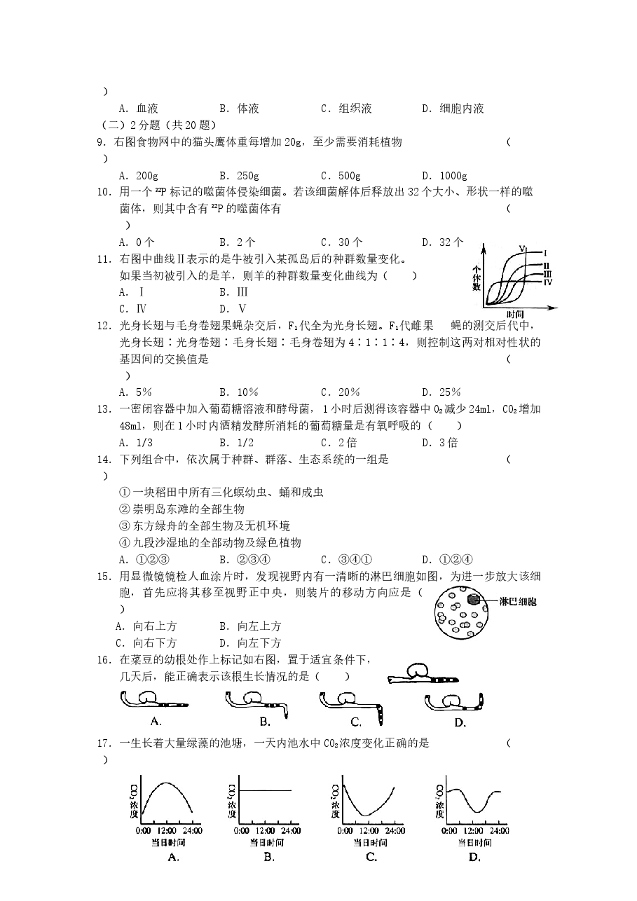 2006年上海高考生物真题及答案.doc,第2页预览