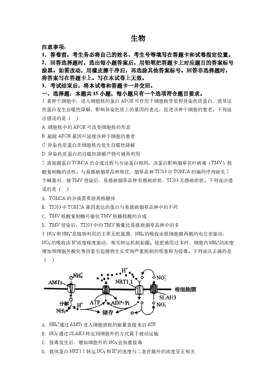 精品解析：2022年山东省学业水平选择性考试生物试题（原卷版）.docx，第1页预览
