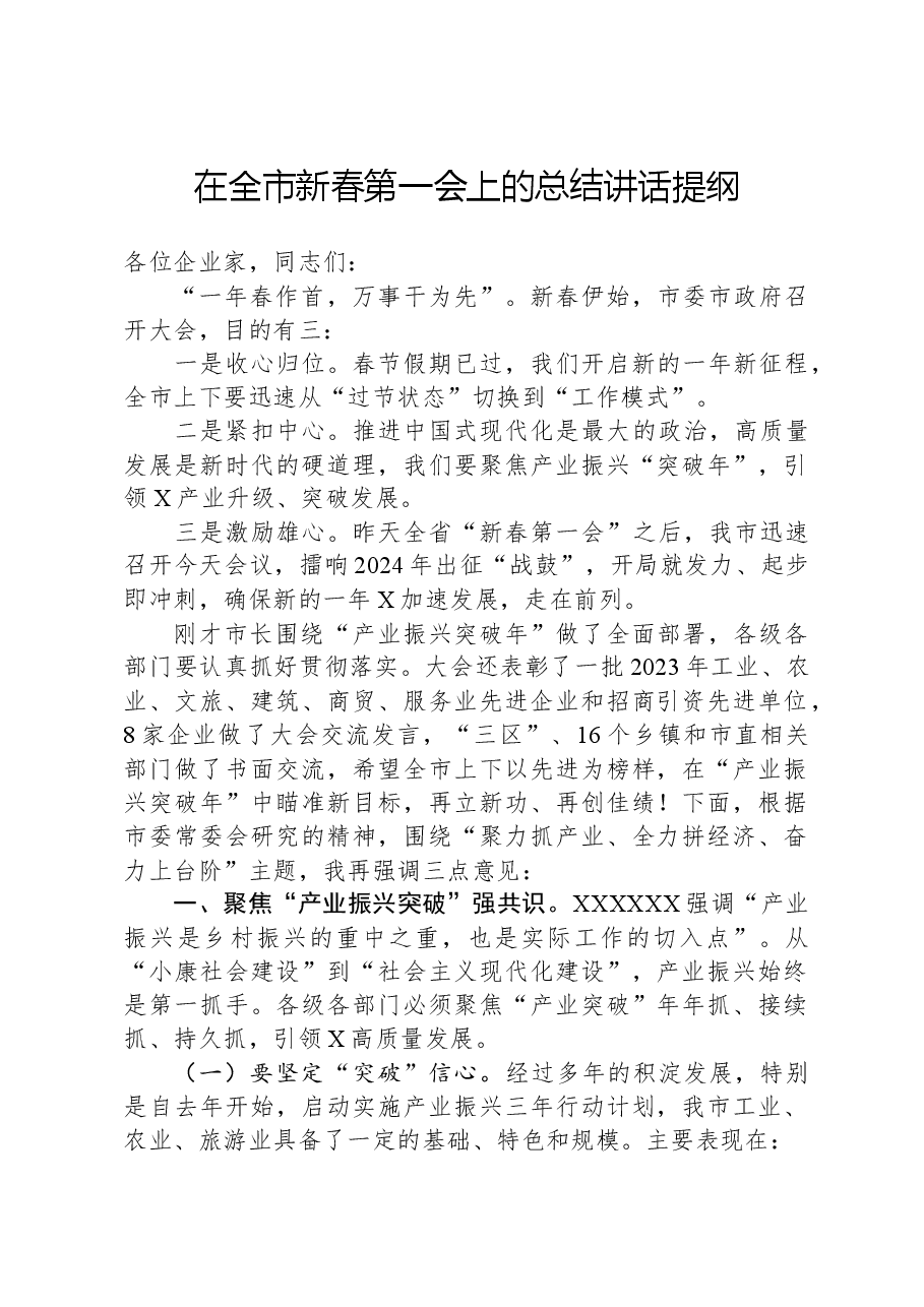 在全市新春第一会上的总结讲话提纲.docx,第1页预览