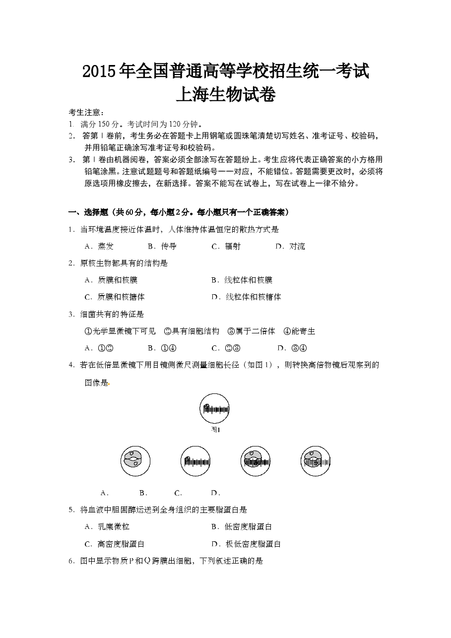 2015年上海市高中毕业统一学业考试生物试卷(word解析版).doc,第1页预览