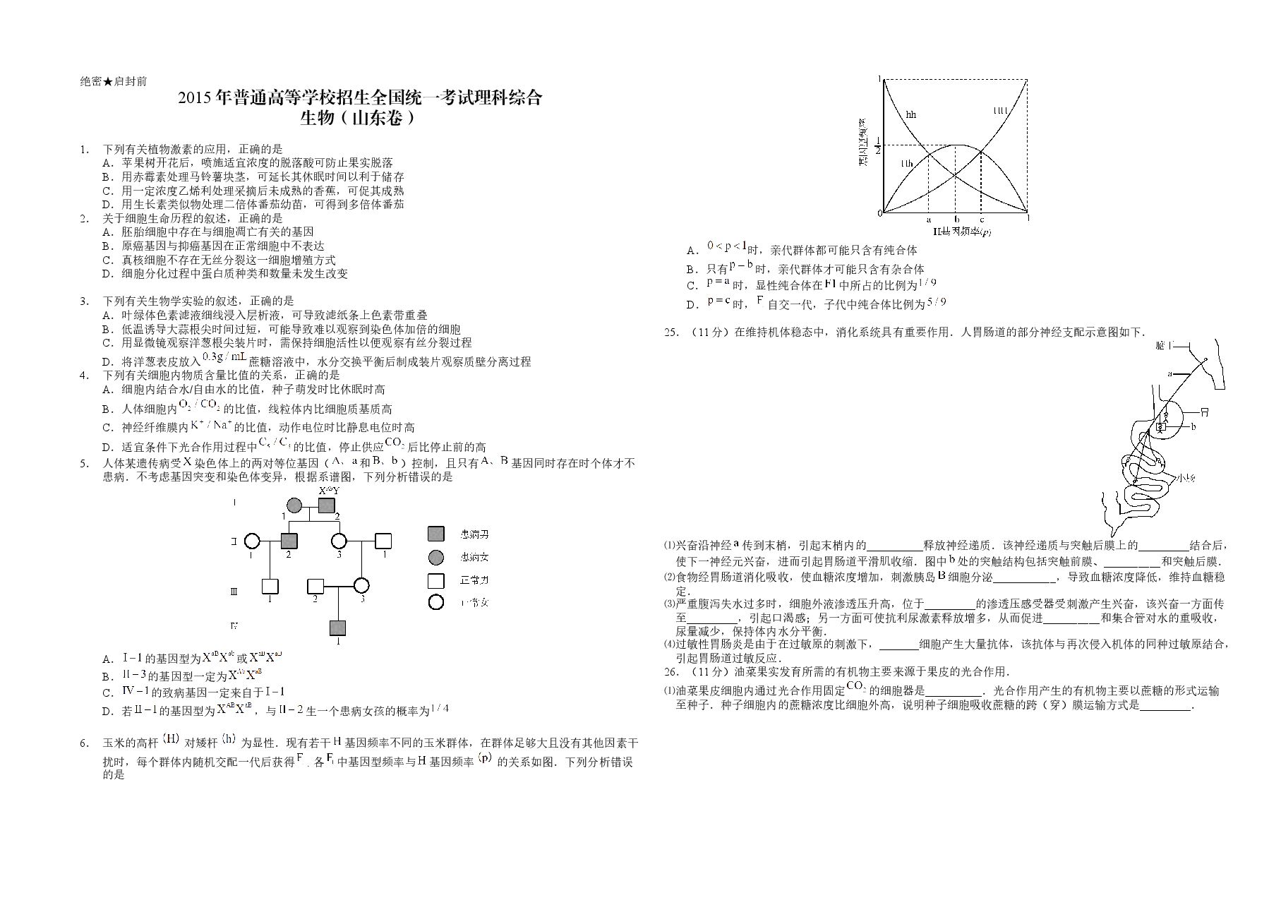 2015年高考真题 生物(山东卷)(原卷版).docx,第1页预览