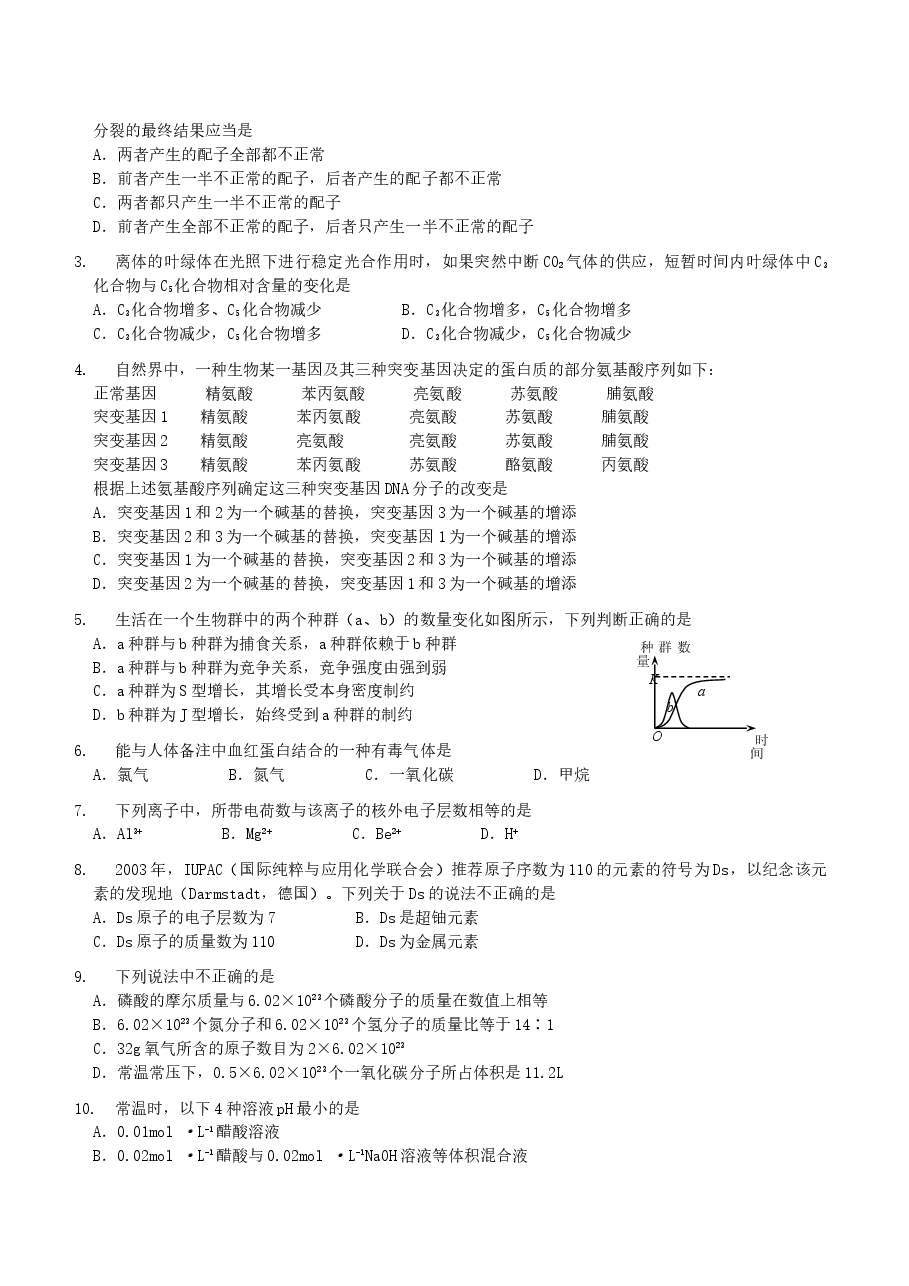 2004年福建高考理科综合真题及答案.doc,第2页预览