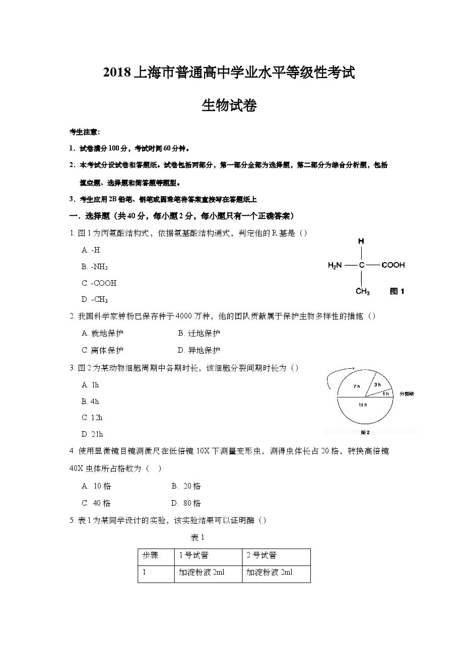 2018年上海市高中毕业统一学业考试生物试卷(答案版).doc,第1页预览