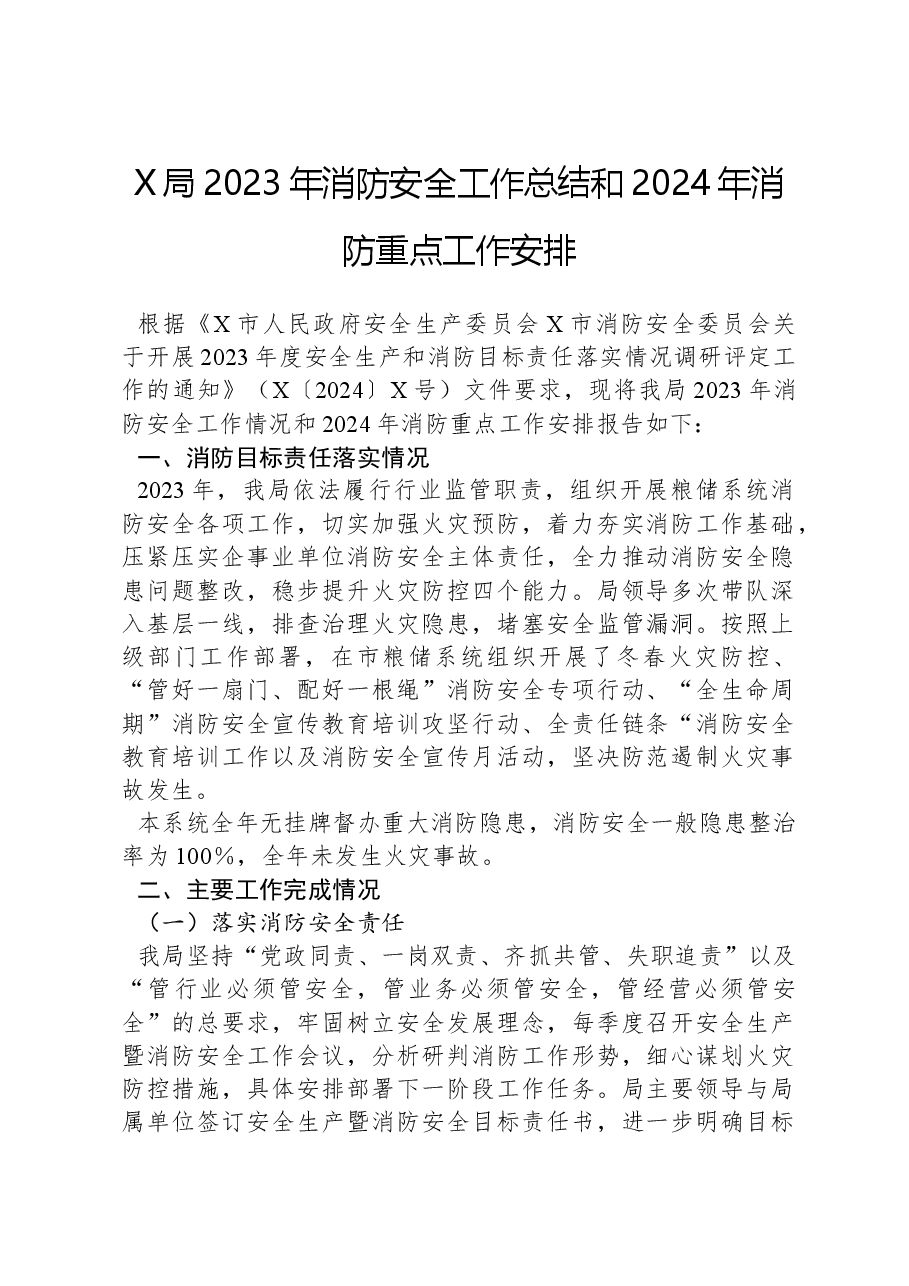 X局2023年消防安全工作总结和2024年消防重点工作安排.docx,第1页预览