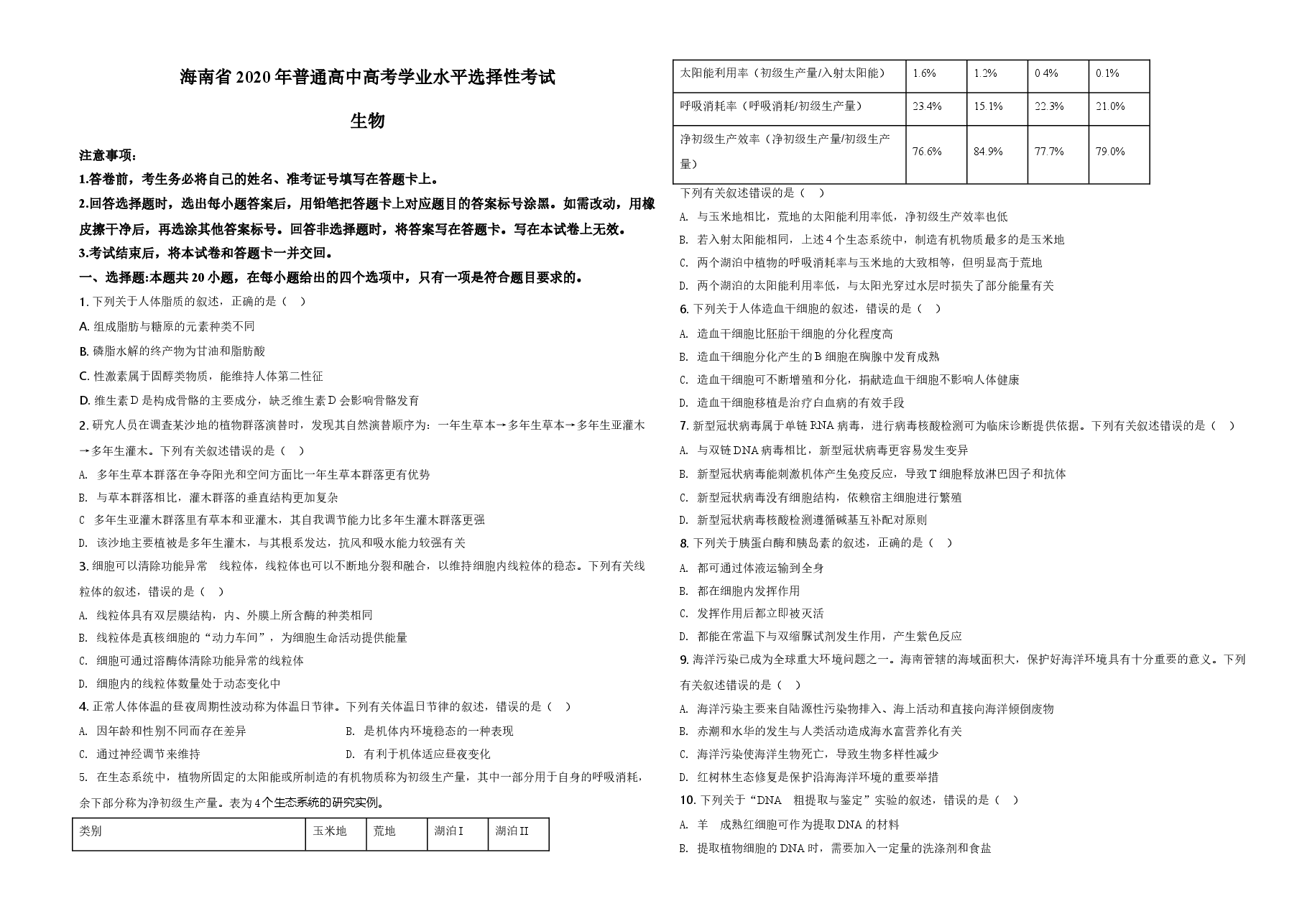 2020年高考海南卷生物(原卷版).doc,第1页预览