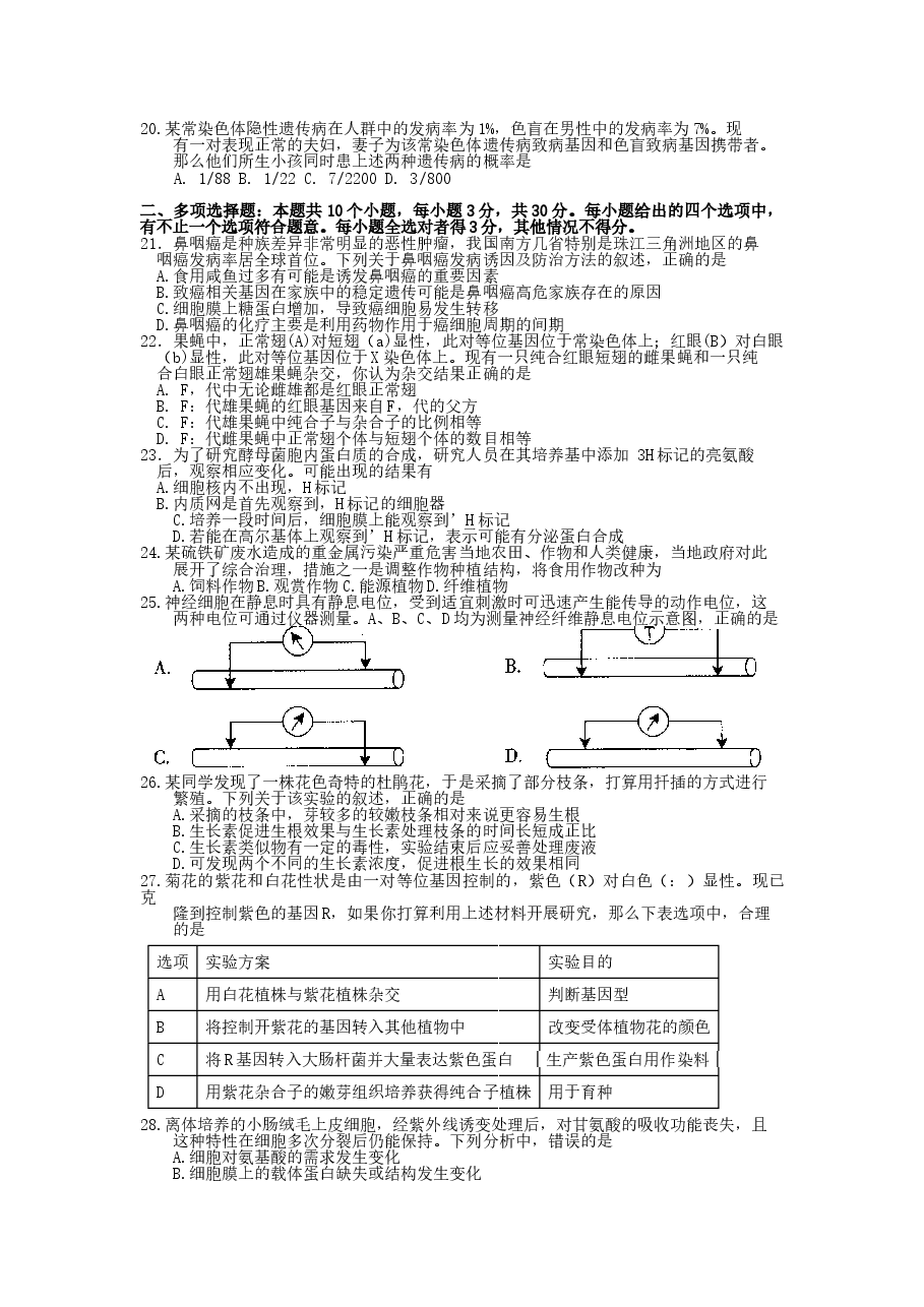 2007年广东高考生物真题及答案.doc,第3页预览