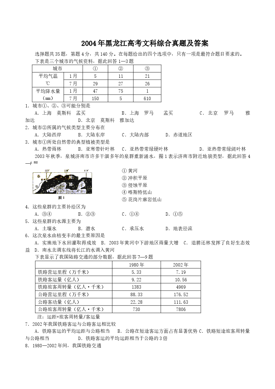 2004年黑龙江高考文科综合真题及答案.doc,第1页预览