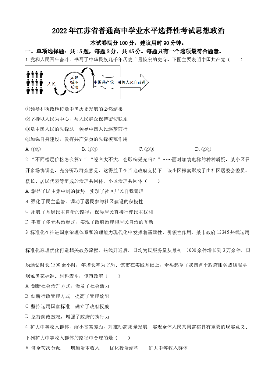 精品解析:2022年江苏省普通高中学业水平选择性考试(原卷版).docx,第1页预览