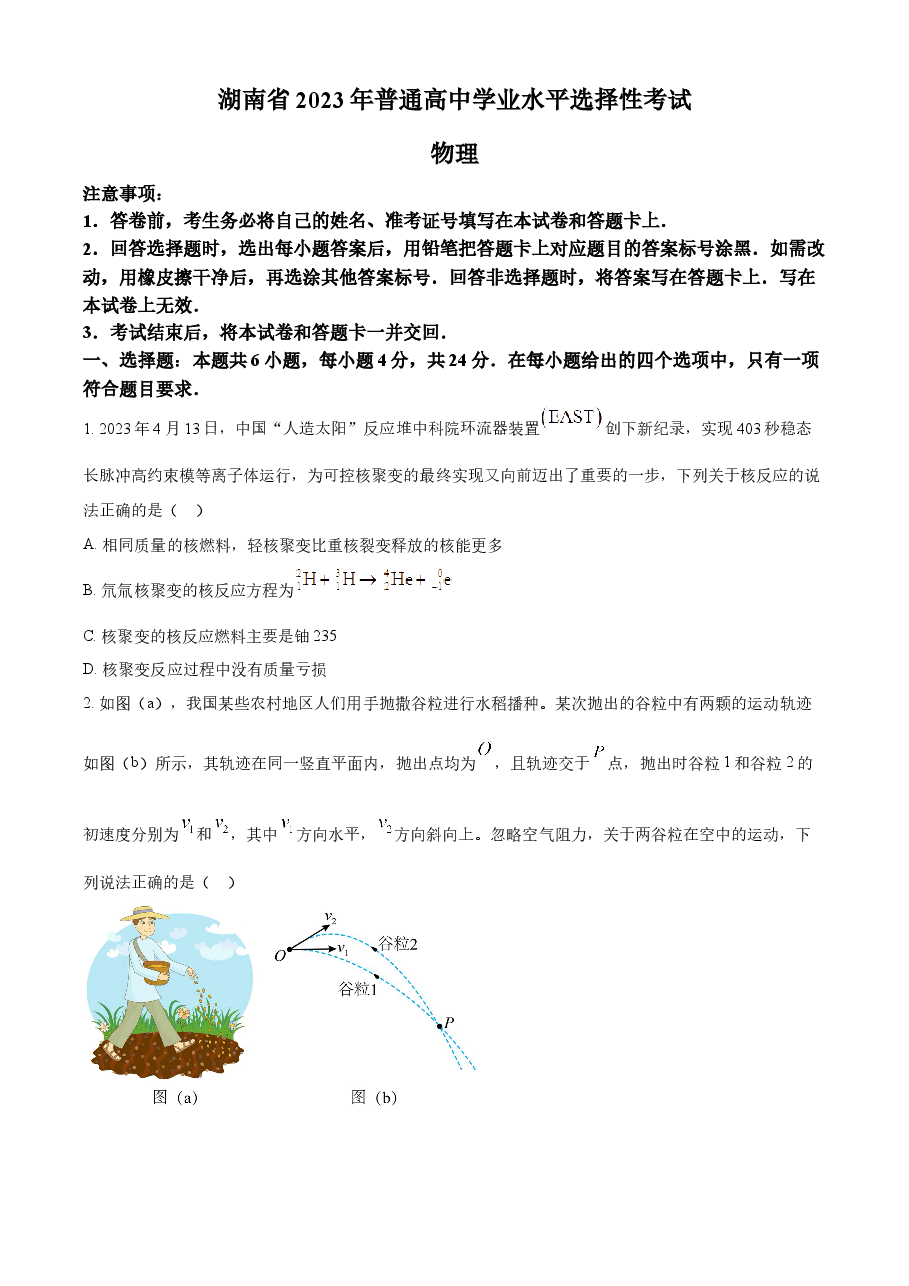 精品解析:2023年高考湖南卷物理真题(原卷版).docx,第1页预览