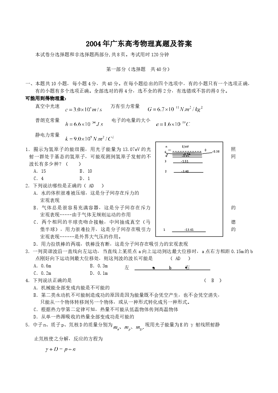 2004年广东高考物理真题及答案.doc,第1页预览