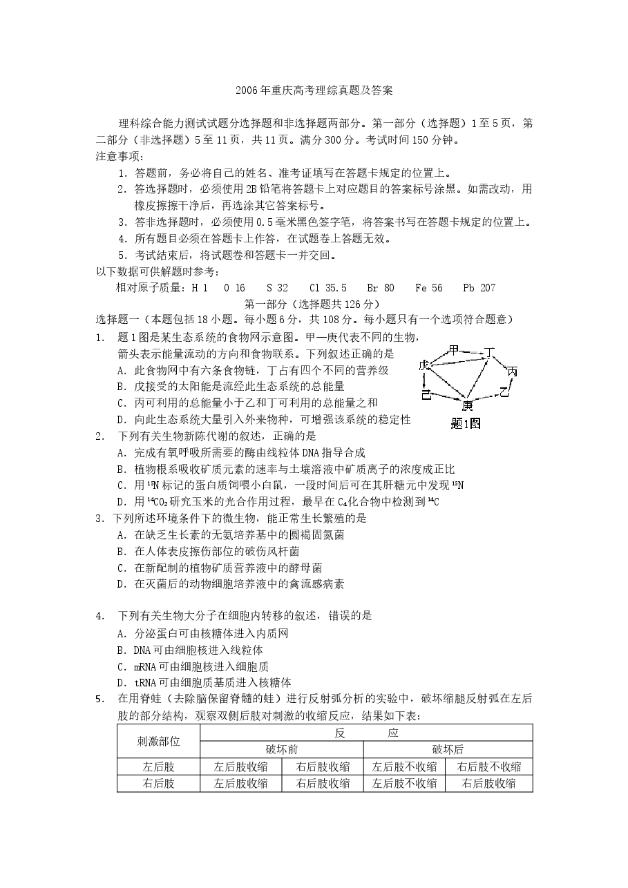 2006年重庆高考理综真题及答案.doc,第1页预览