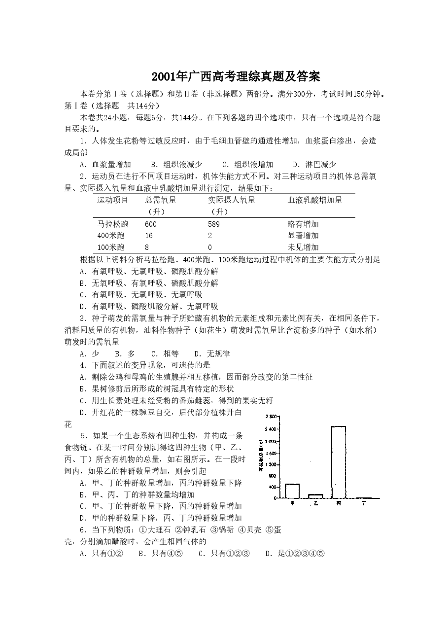 2001年广西高考理综真题及答案.doc,第1页预览