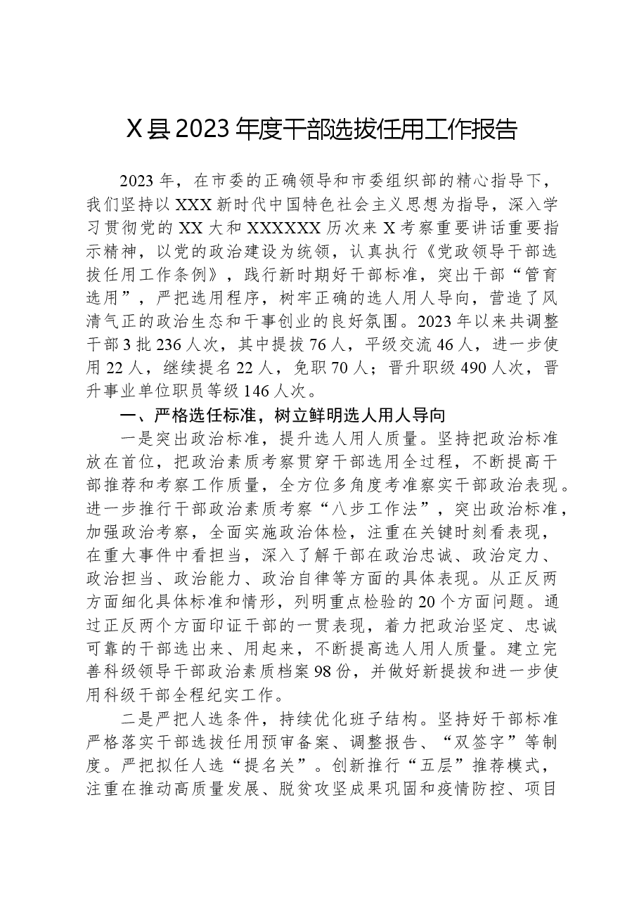 X县2023年度干部选拔任用工作报告.docx,第1页预览