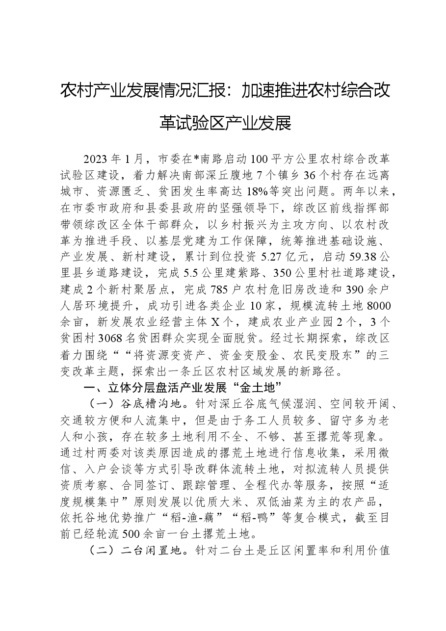 农村产业发展情况汇报:加速推进农村综合改革试验区产业发展.docx,第1页预览