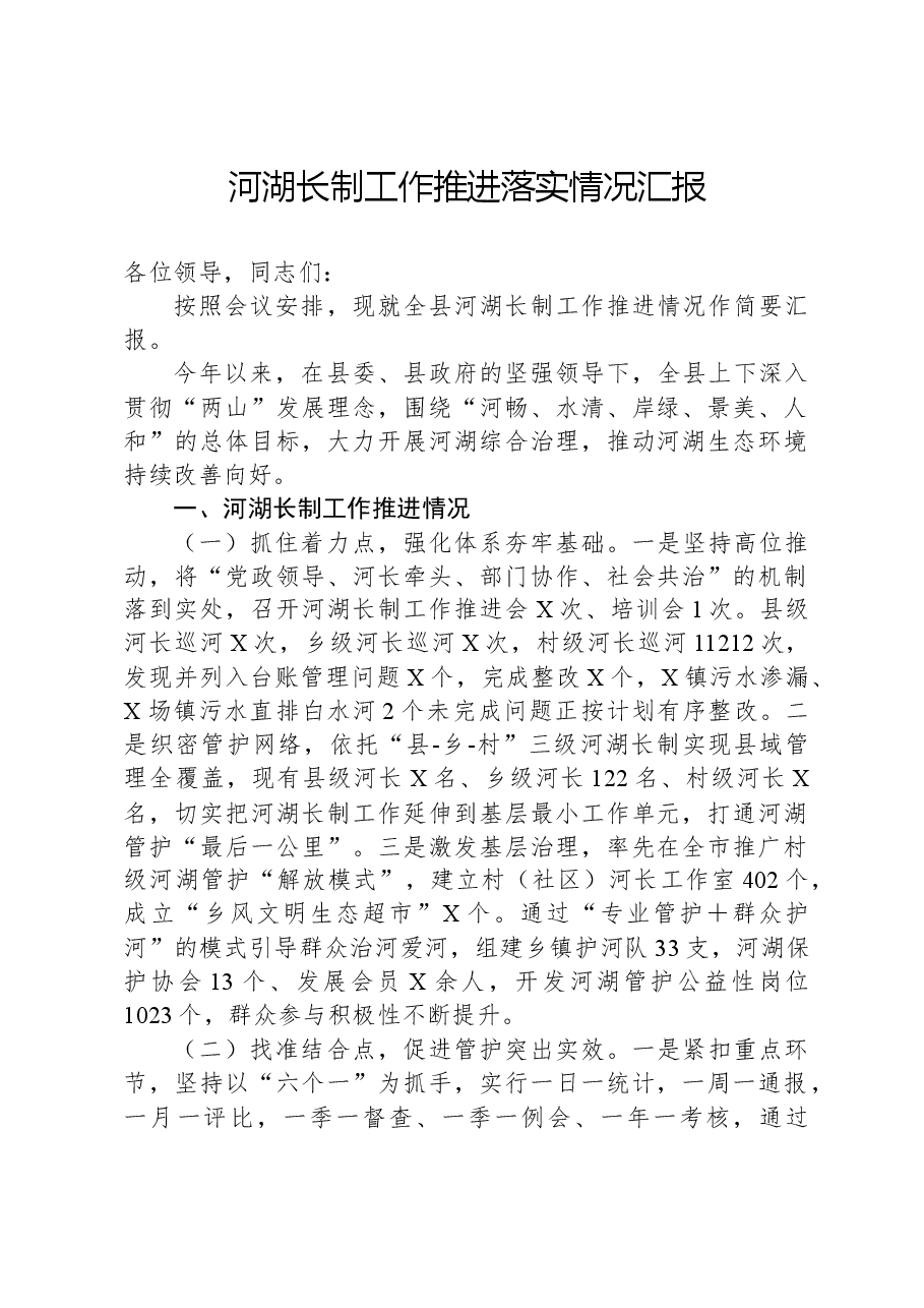 河湖长制工作推进落实情况汇报.docx,第1页预览