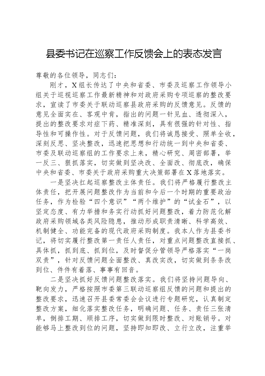 县委书记在巡察工作反馈会上的表态发言.docx,第1页预览