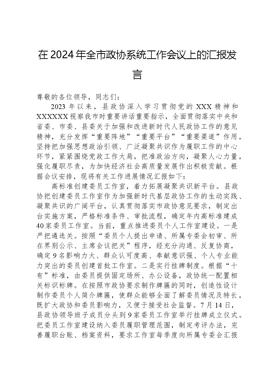 在2024年全市政协系统工作会议上的汇报发言.docx,第1页预览