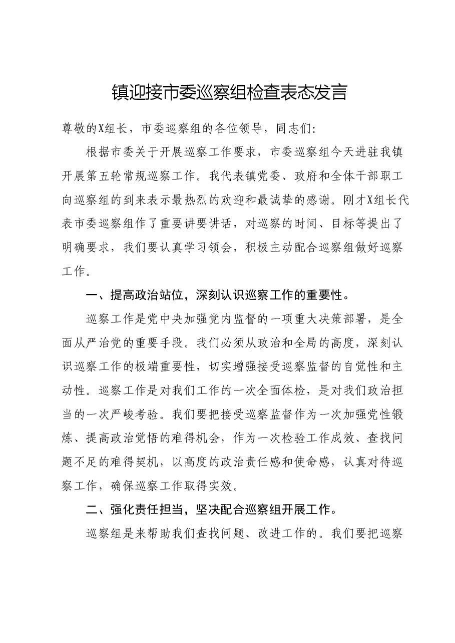 镇迎接市委巡察组检查表态发言.docx,第1页预览