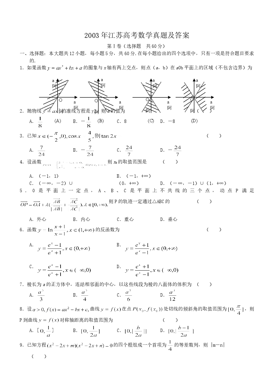 2003年江苏高考数学真题及答案.doc,第1页预览
