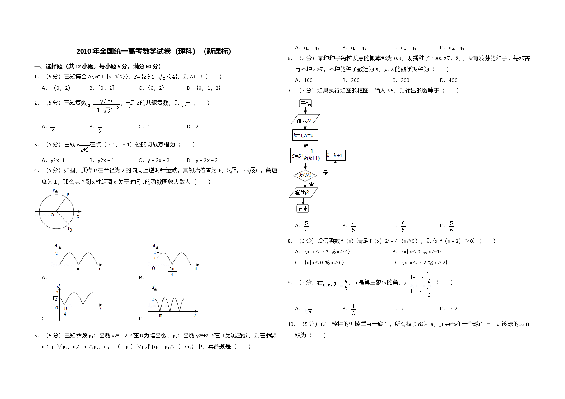 2010年全国统一高考数学试卷(理科)(新课标)(原卷版).doc,第1页预览