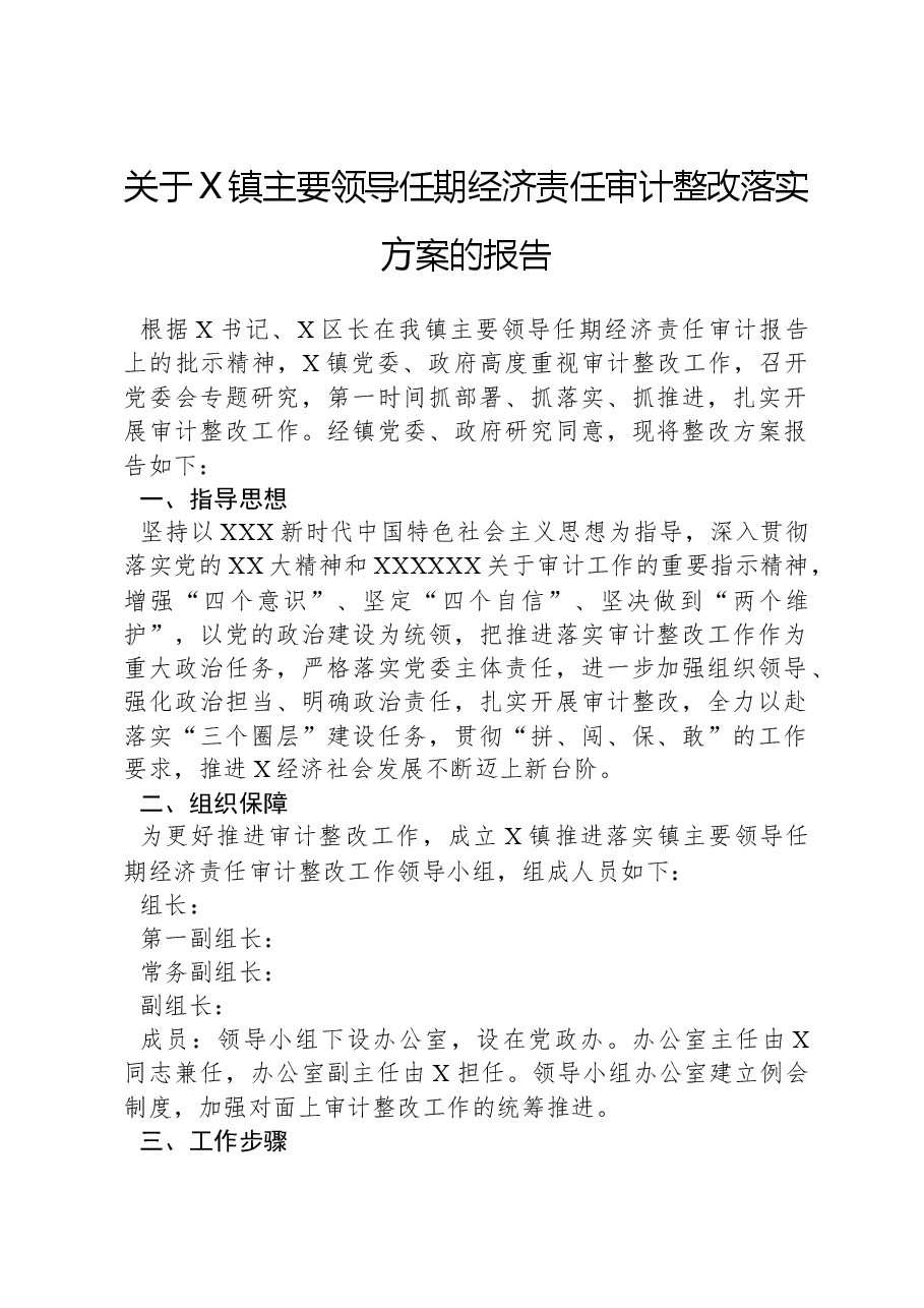 关于X镇主要领导任期经济责任审计整改落实方案的报告.docx,第1页预览