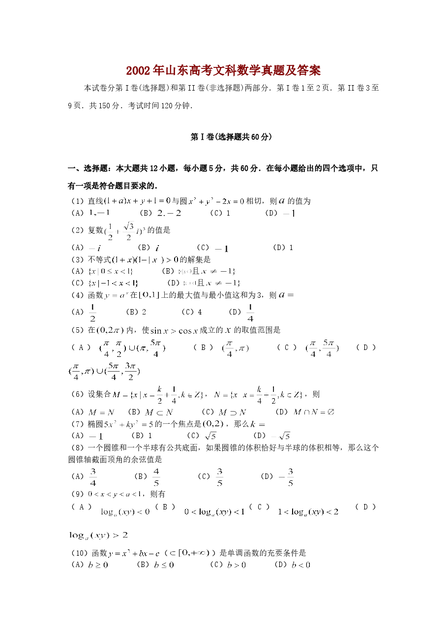 2002年山东高考文科数学真题及答案.doc，第1页预览