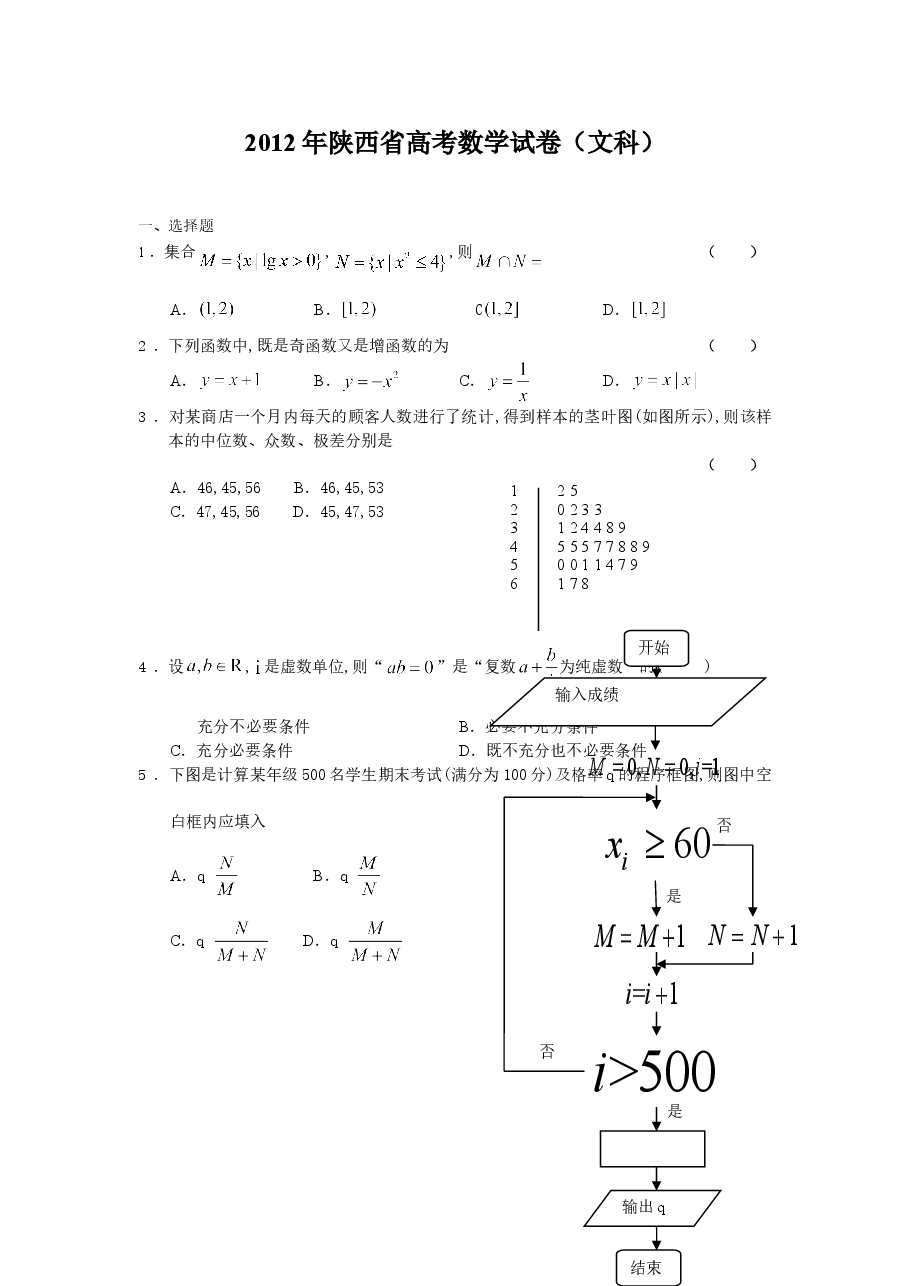 2012年高考文科数学陕西卷试题与答案.doc,第1页预览