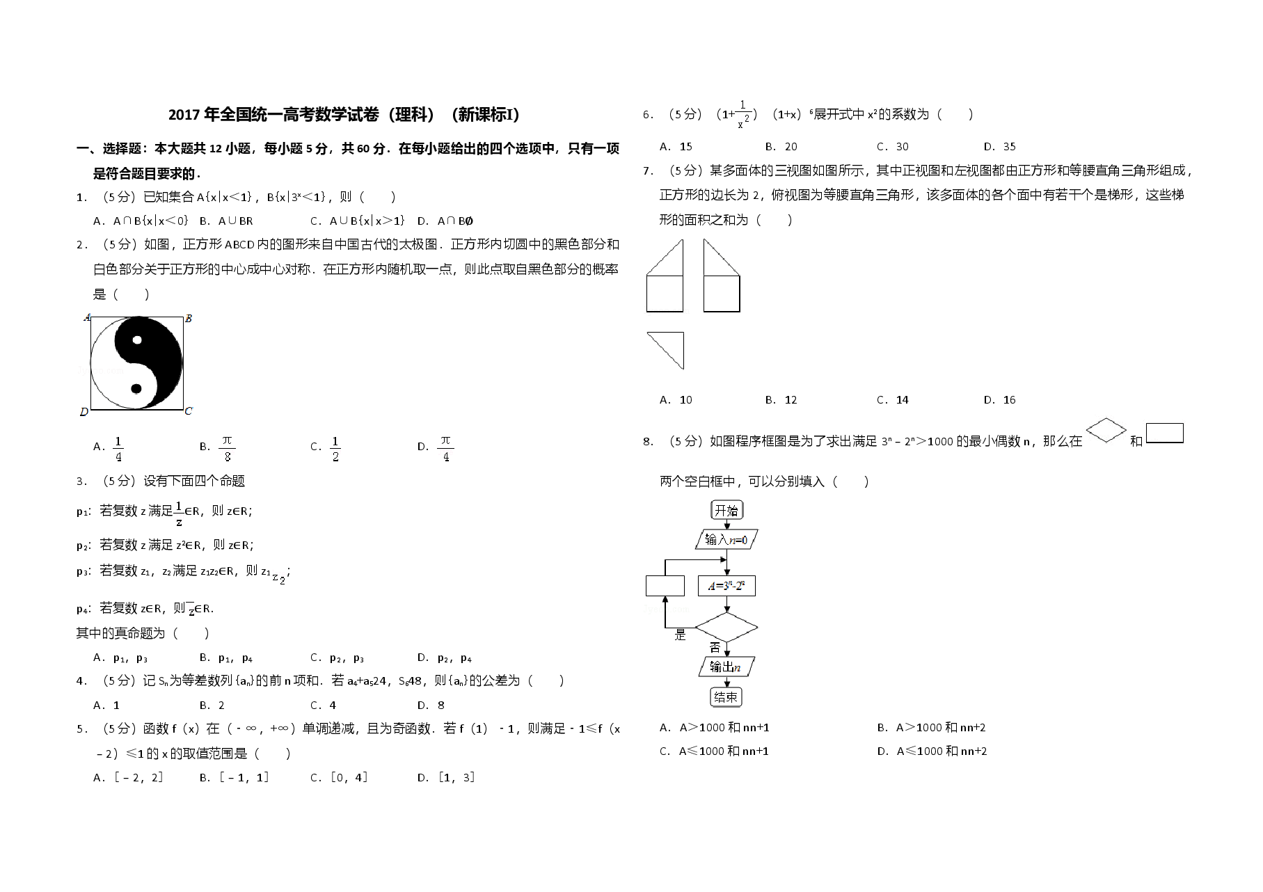 2017年全国统一高考数学试卷(理科)(新课标ⅰ)(原卷版).doc,第1页预览