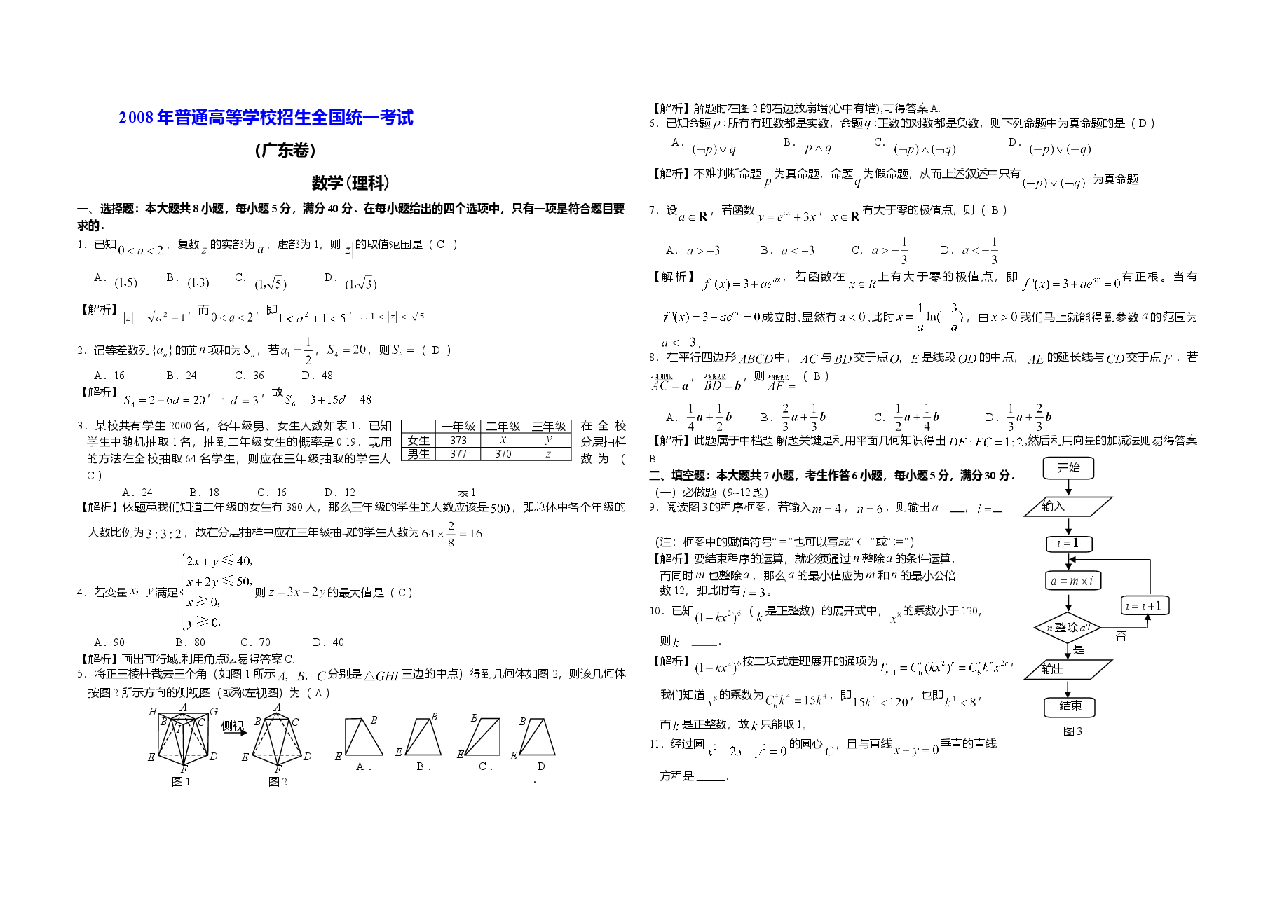 2008年广东高考(理科)数学试题及答案.doc,第1页预览