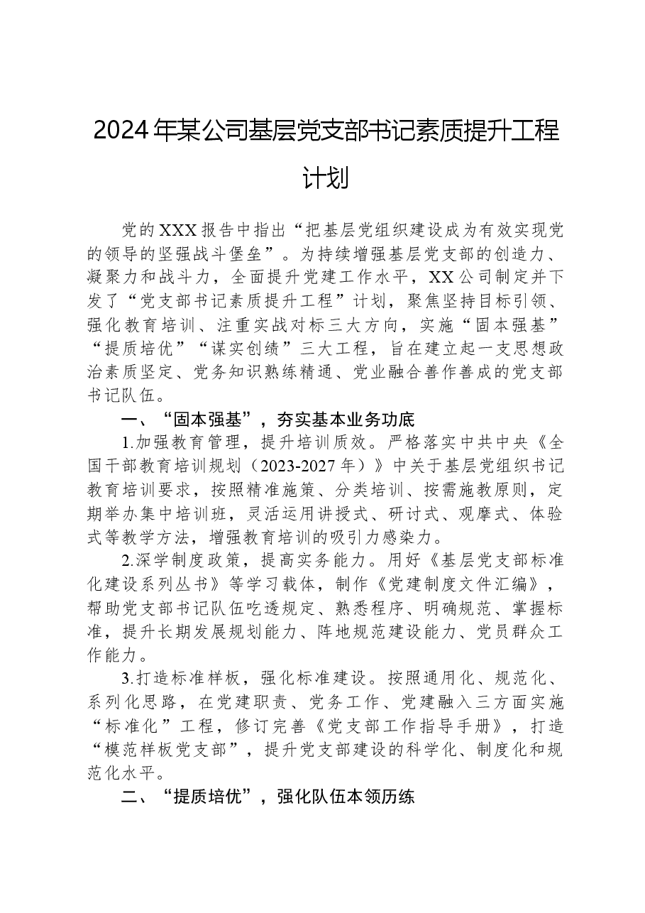2024年某公司基层党支部书记素质提升工程计划.docx，第1页预览