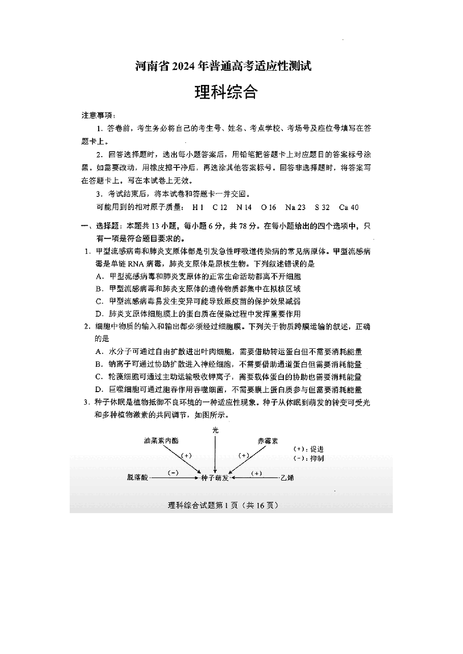 河南省2024年普通高考适应性考试理综试题.pdf,第1页预览