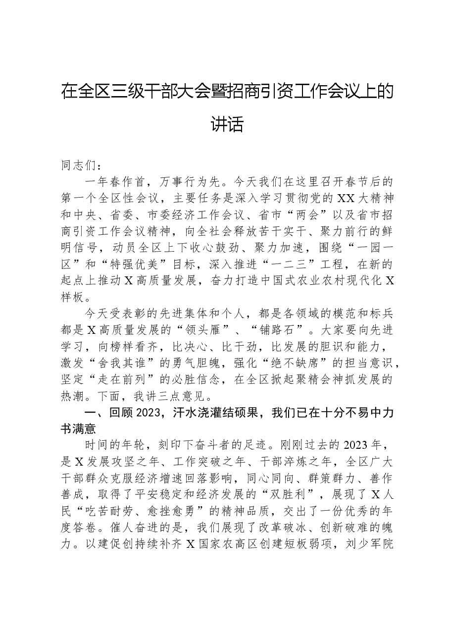 在全区三级干部大会暨招商引资工作会议上的讲话.docx,第1页预览