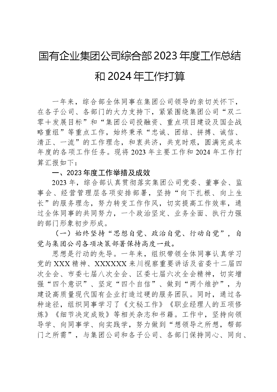 国有企业集团公司综合部2023年度工作总结和2024年工作打算.docx,第1页预览